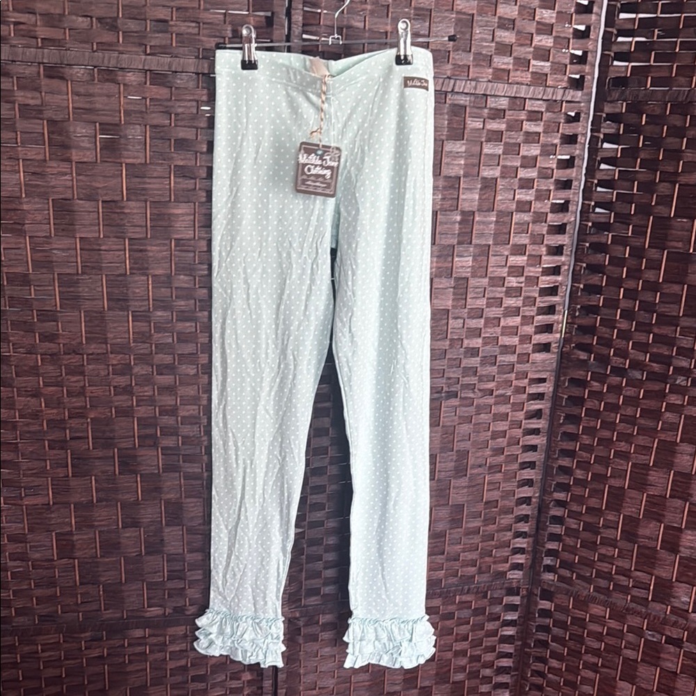 Matilda Jane aqua Light Blue Polka Dot ruffle leggings NWT SZ 14 Sept 2014